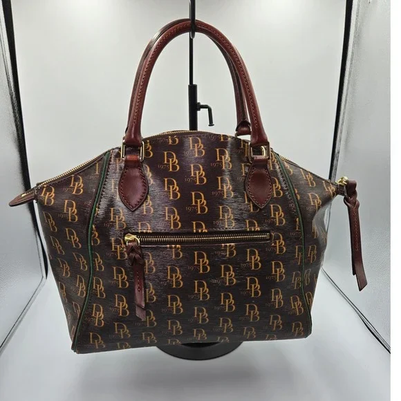 Dooney & Bourke Monogram Satchel Bag Brown Gold DB‎ Logo 1975 Leather Trim - Picture 2 of 11